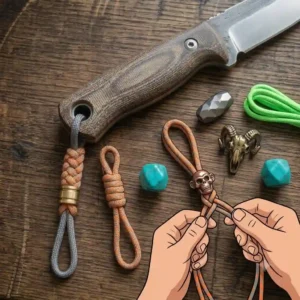 A durable outdoor survival knife with high-visibility orange lanyards for knives.