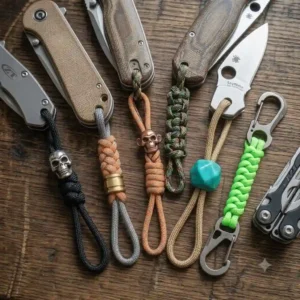 A compact everyday carry (EDC) folding knife with secure wrist loop lanyards for knives.