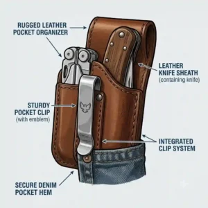 A complete pocket organizer system featuring a dedicated slot and a knife sheath pocket clip.