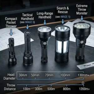 A side-by-side size comparison lineup of different models, showing pocket-sized to heavy-duty longest throw flashlight options.
